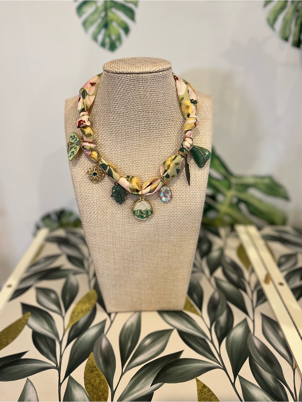 Floral Fabric Charm Necklace with Green Accents
